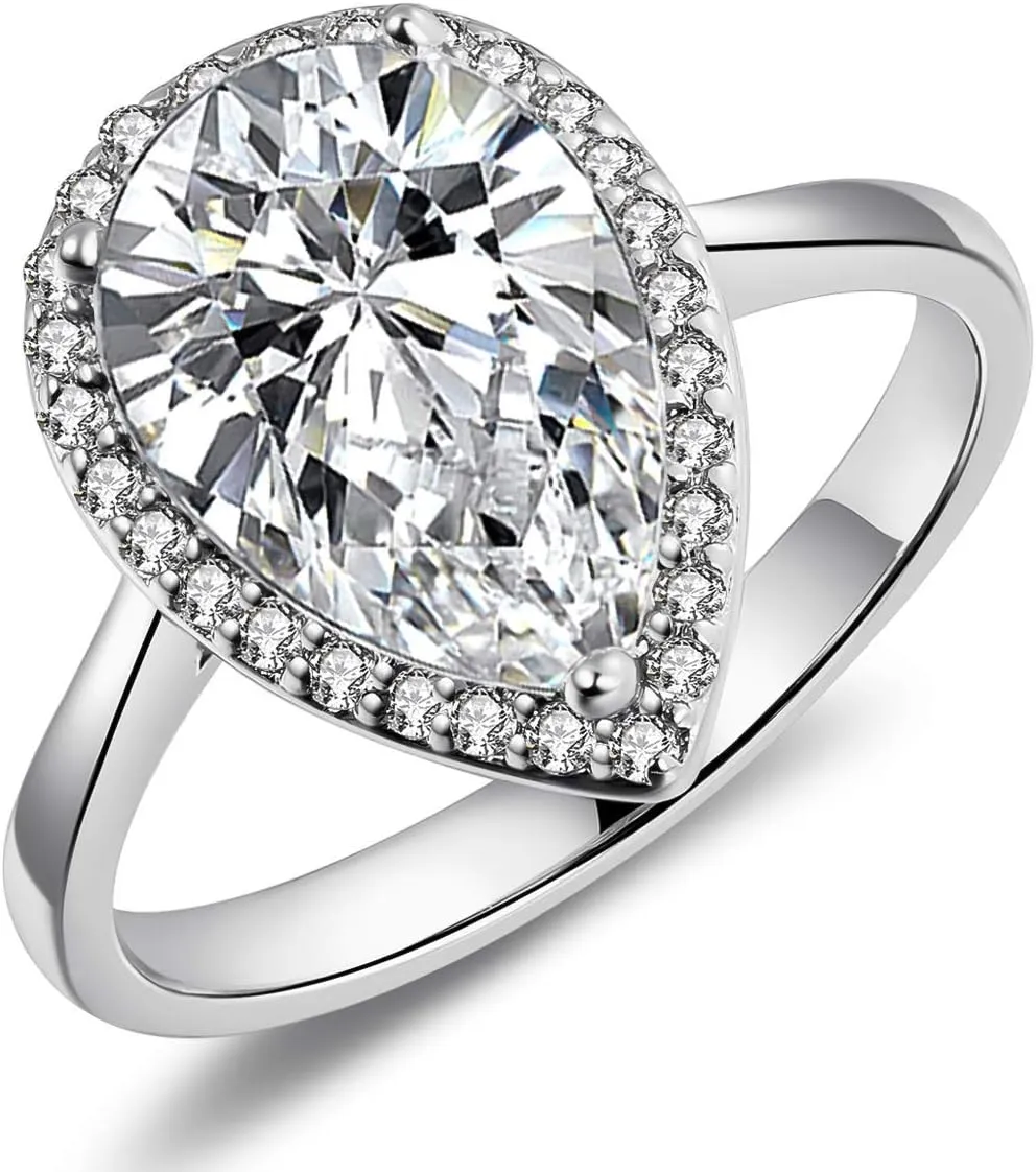 LAZLUVU 4.85 Carat Teardrop Cubic Zirconia Rings for Women Solitaire Halo Promise Wedding Engagement Ring Mothers Day Christmas Jewelry Gift for Her Size 5-11