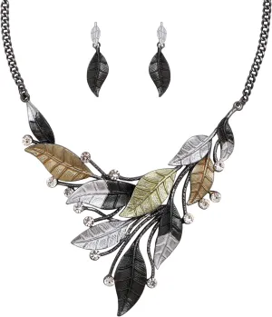 Leaf Floral Vintage Boho Statement Necklace Dangle Earring Bohemian Enamel Costume Jewelry Set for Women