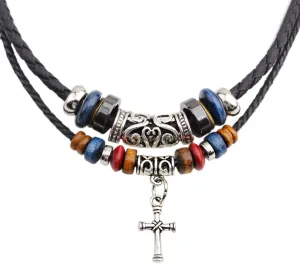Leather Tribal Necklace for Women Men Vintage Bohemian Style Ethnic Wood Beads Choker Necklace for Cross Pendant Jewelry