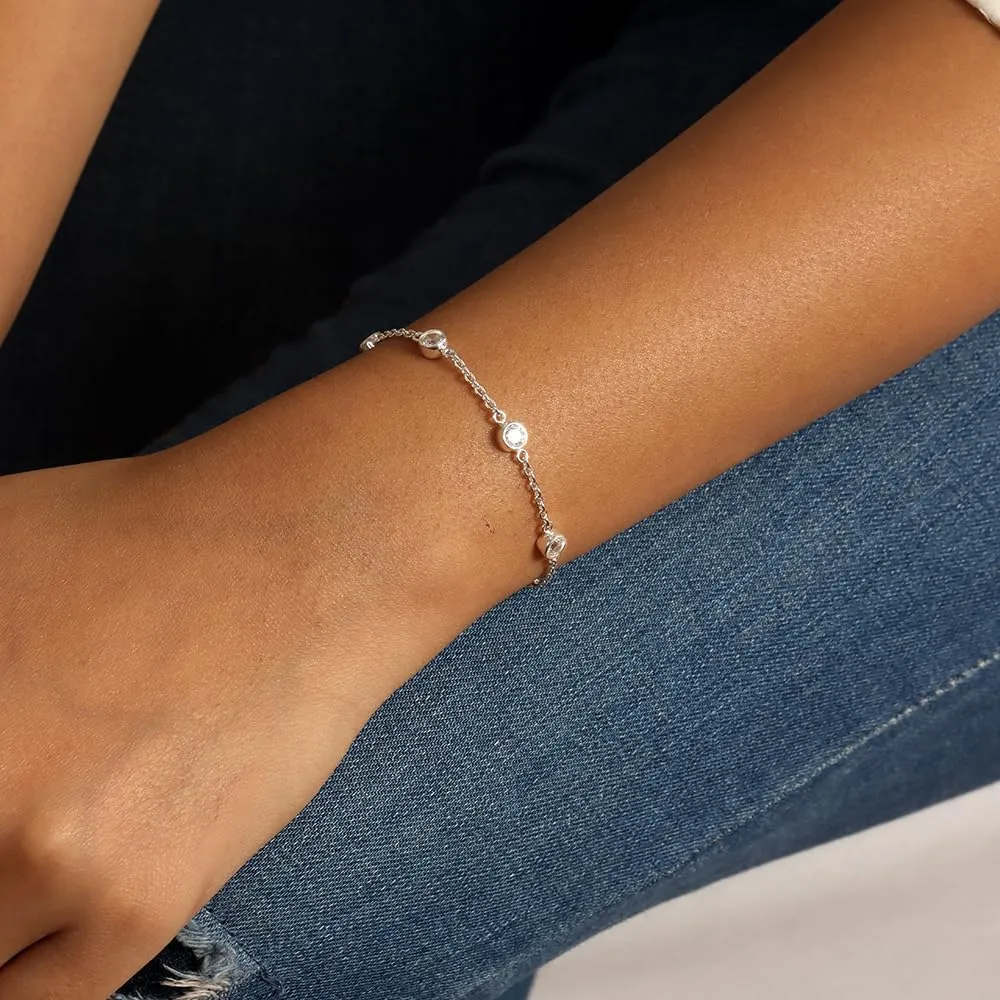 LeCalla 925 Sterling Silver CZ Station Bracelet Lightweight Classic Italian Pearl Zirconia Bracelet for Women Mom Grandma Sisters