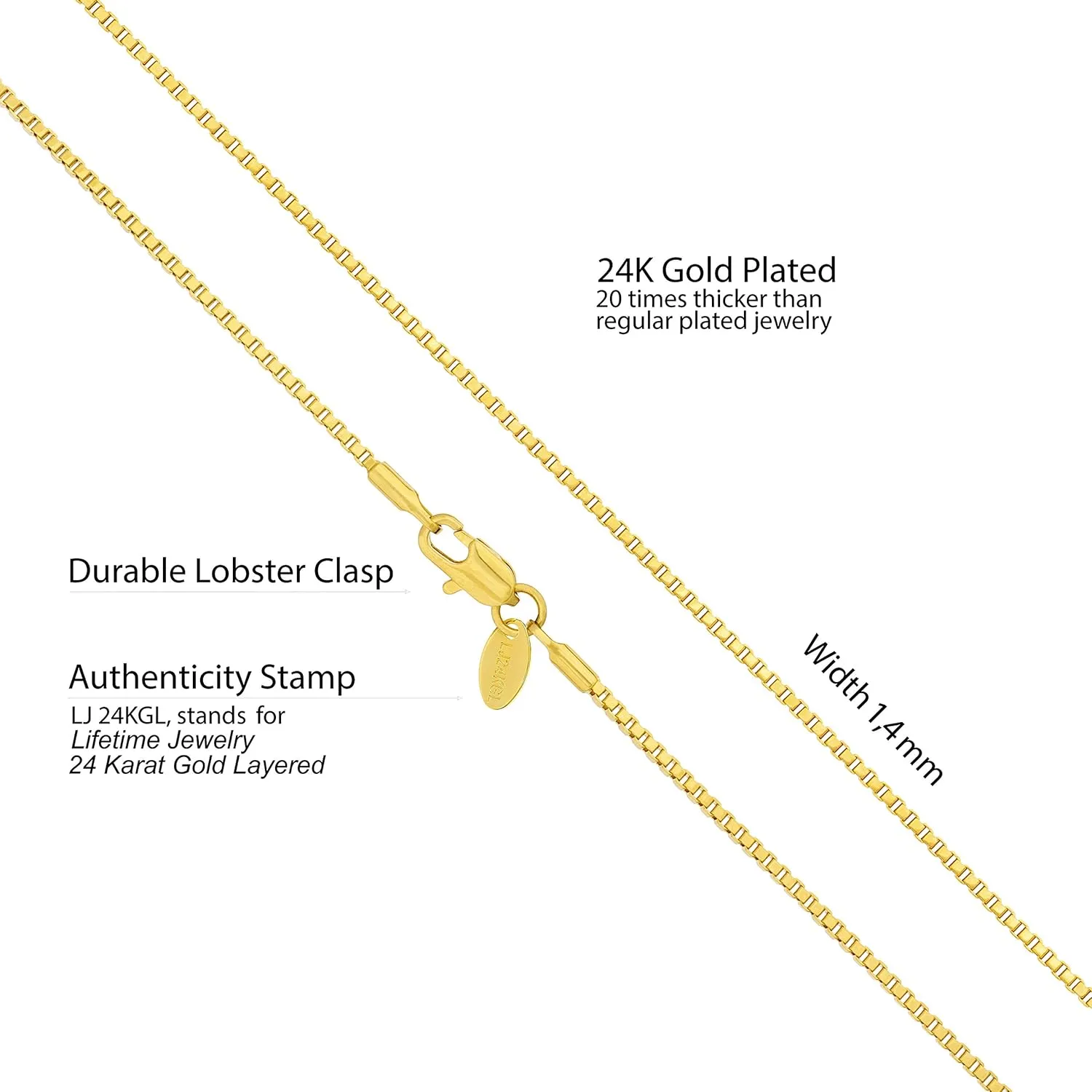 LIFETIME JEWELRY 1.4mm Box Chain Necklace for Women and Men 24k Real Gold Plated