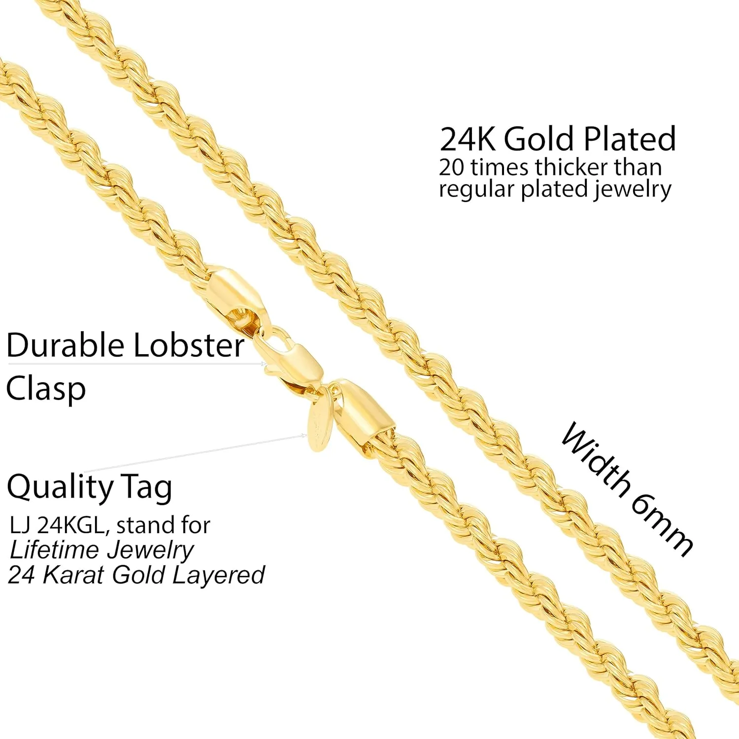 LIFETIME JEWELRY 6mm Rope Chain Necklace for Women and Men 24k Real Gold Plated