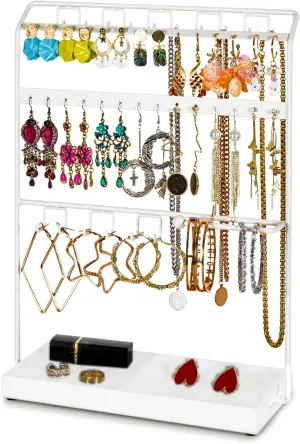 LKKL Jewelry Holder Organizer Stand,jewelry organizer,4-layer earring rack storage rack with base tray, suitable for necklaces, earrings, watches and other accessories.jewelry stand organizer,white