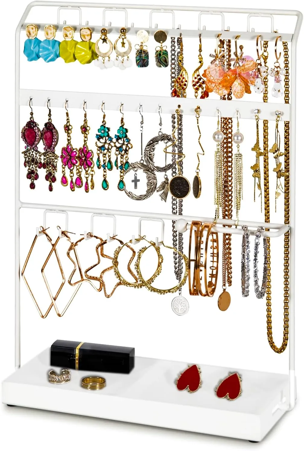 LKKL Jewelry Holder Organizer Stand,jewelry organizer,4-layer earring rack storage rack with base tray, suitable for necklaces, earrings, watches and other accessories.jewelry stand organizer,white