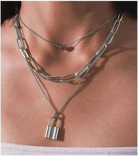 Lock Key Pendant Necklace Egirl Chains Lock Chain Necklace Statement Long Chain Punk Multilayer Choker for Women Men