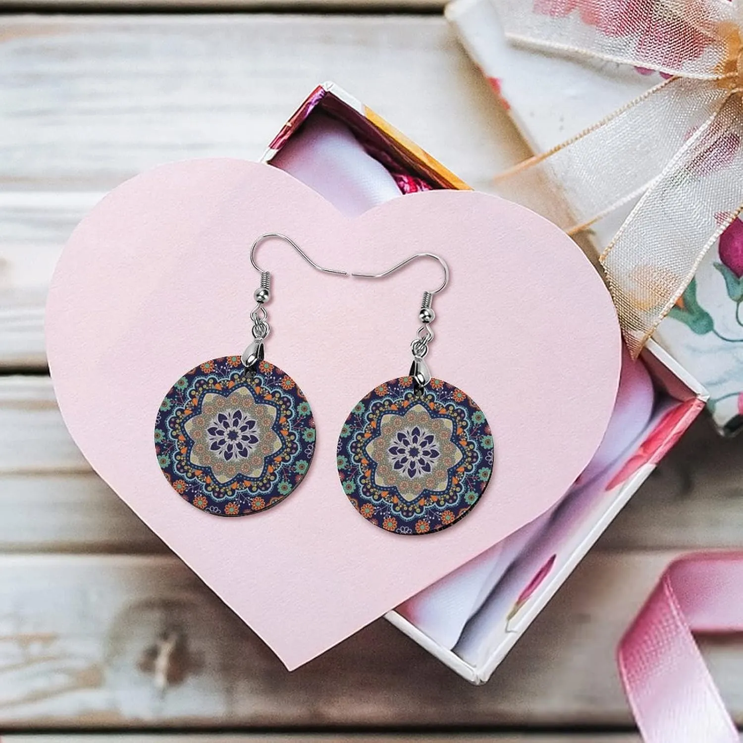 Log Wood Big Dangle Round Lightweight Earrings Copper Plated White k Earring