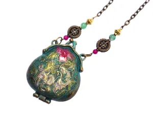 Long Art Nouveau Gold Vintage Style Turquoise Hinged Pocketbook Handbag Locket Pendant Necklace with Hand Painted Flowers Victorian Boho Romantic Jewelry for Women