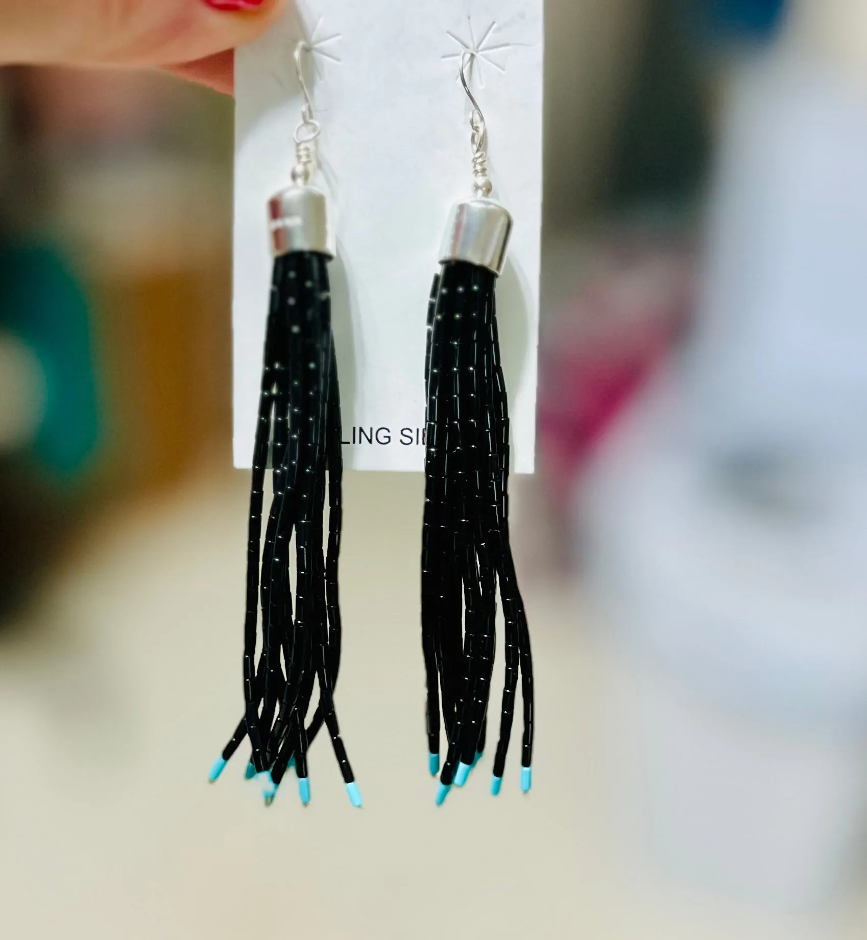 Long Santo Domingo Multi Bead Strand Turquoise/Black on Sterling Silver Hook Earrings - Multi