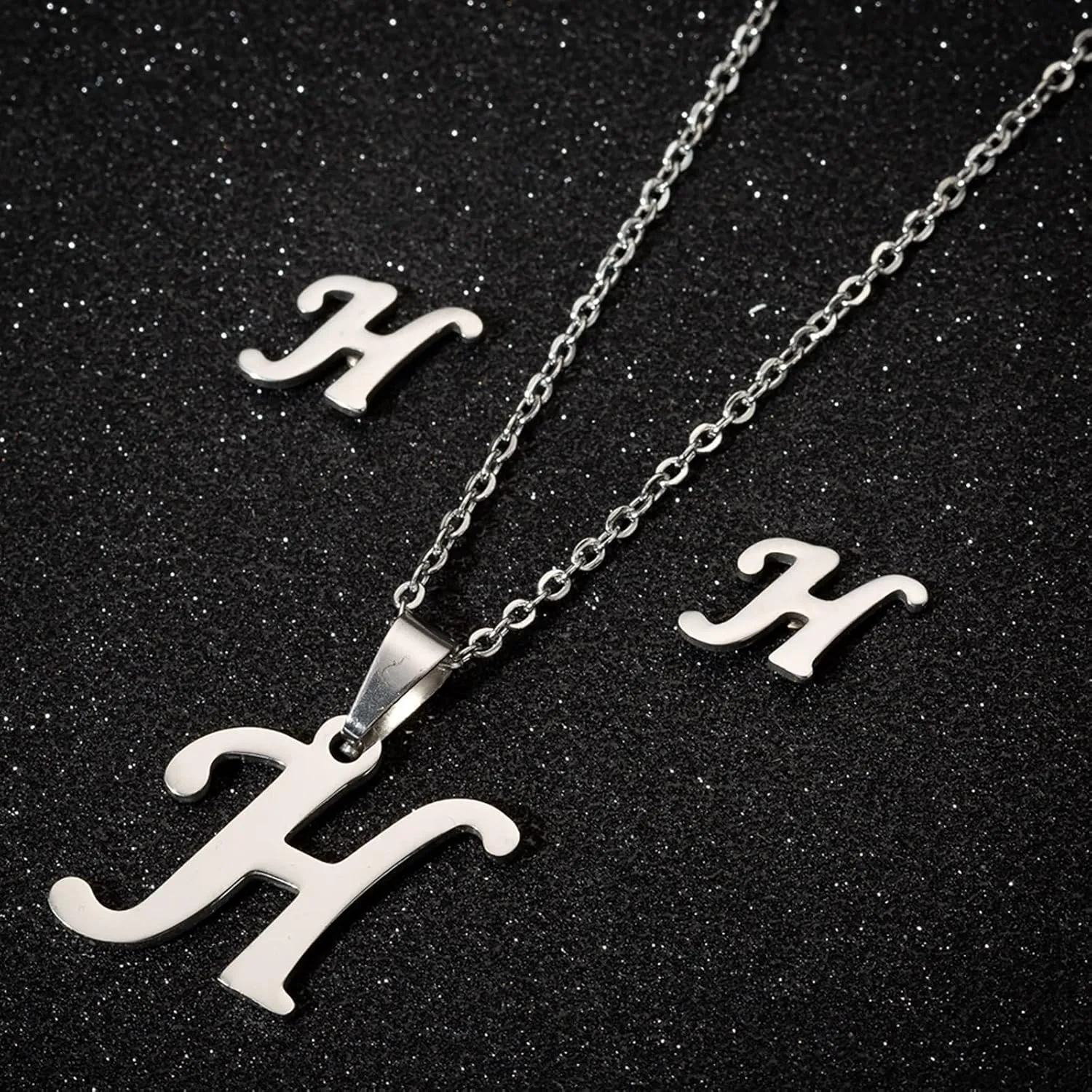 Loqimu 4 Pack Stainless Steel Initial Jewelry Sets for Women Silver Rings Bracelet Earrings Pendant Necklace Uppercase Choker Chain Ear Studs Jewelry Gift