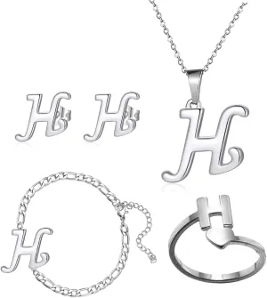 Loqimu 4 Pack Stainless Steel Initial Jewelry Sets for Women Silver Rings Bracelet Earrings Pendant Necklace Uppercase Choker Chain Ear Studs Jewelry Gift