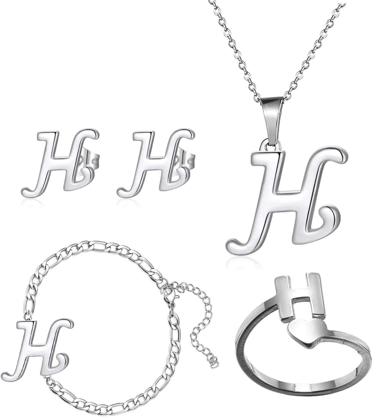 Loqimu 4 Pack Stainless Steel Initial Jewelry Sets for Women Silver Rings Bracelet Earrings Pendant Necklace Uppercase Choker Chain Ear Studs Jewelry Gift