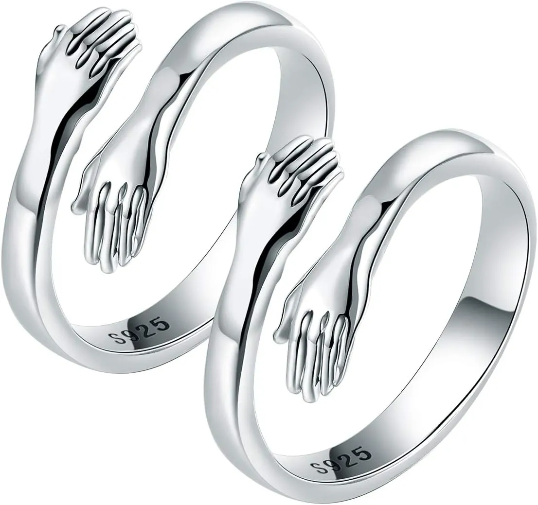LOVECOM 2Pcs Hug Rings 925 Sterling Silver Hug Ring for Women Men Silver Hugging Hands Open Promise Ring Jewelry Hug Hands Mens Rings Couples Valentine's Day Jewelry Gifts