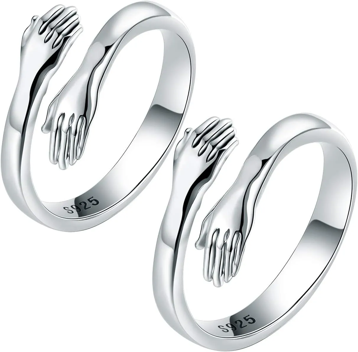 LOVECOM 2Pcs Hug Rings 925 Sterling Silver Hug Ring for Women Men Silver Hugging Hands Open Promise Ring Jewelry Hug Hands Mens Rings Couples Valentine's Day Jewelry Gifts