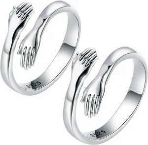 LOVECOM 2Pcs Hug Rings 925 Sterling Silver Hug Ring for Women Men Silver Hugging Hands Open Promise Ring Jewelry Hug Hands Mens Rings Couples Valentine's Day Jewelry Gifts