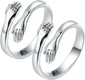 LOVECOM 2Pcs Hug Rings 925 Sterling Silver Hug Ring for Women Men Silver Hugging Hands Open Promise Ring Jewelry Hug Hands Mens Rings Couples Valentine's Day Jewelry Gifts