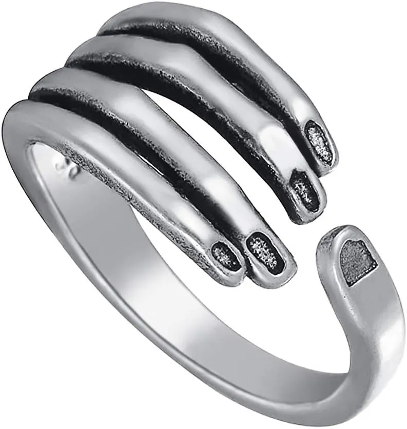 LOVECOM 925 Sterling Silver Hug Hand Rings for Women Men Lover High Polish Vintage Black Gothic Adjustable Silver Boxing Fist Ring Wedding Bands Jewelry Christmas Birthday Gifts from Daughter