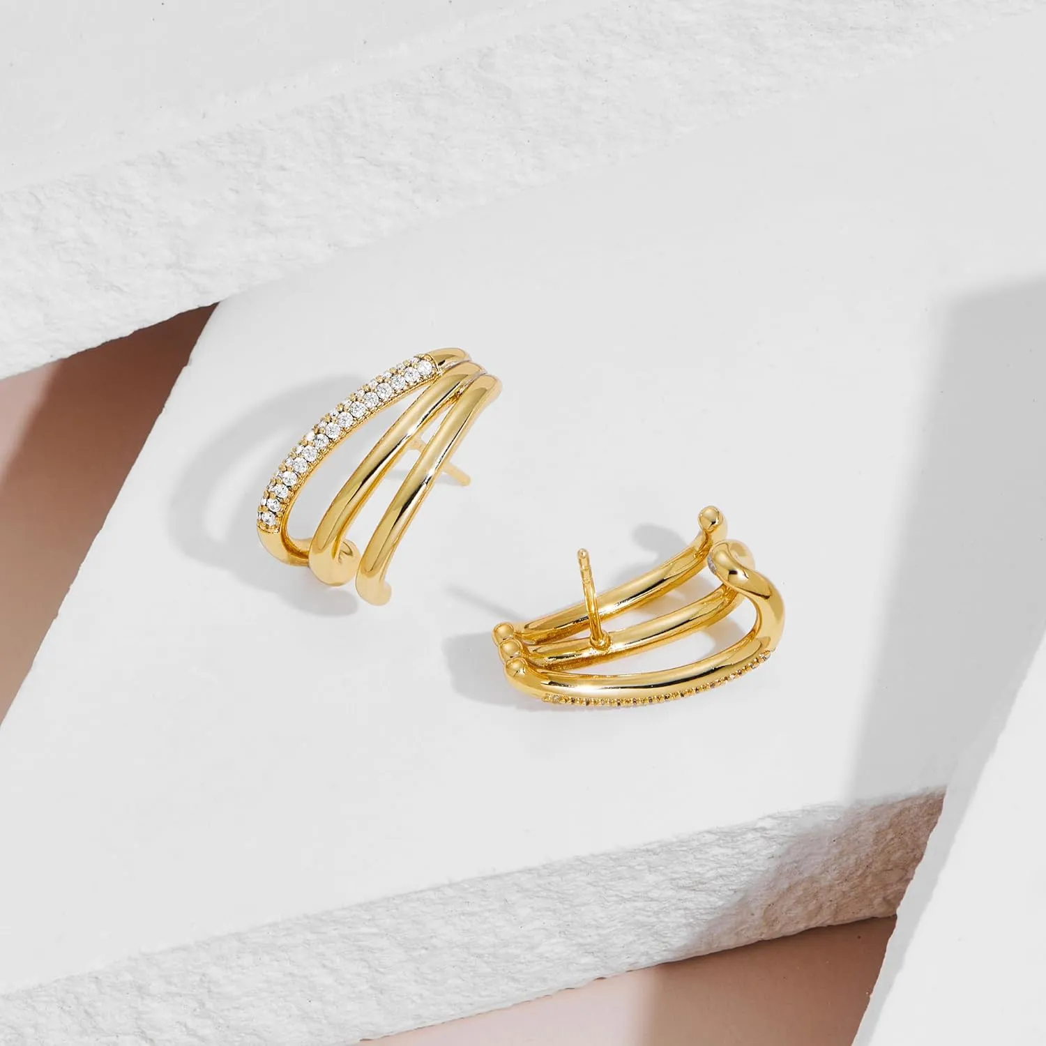 LUCA SMITH Double Triple Hoop Earrings 14K Gold Plated CZ Illusion Split Hoop Earrings for ONE HOLE with S925 Sterling Silver Post