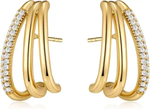 LUCA SMITH Double Triple Hoop Earrings 14K Gold Plated CZ Illusion Split Hoop Earrings for ONE HOLE with S925 Sterling Silver Post