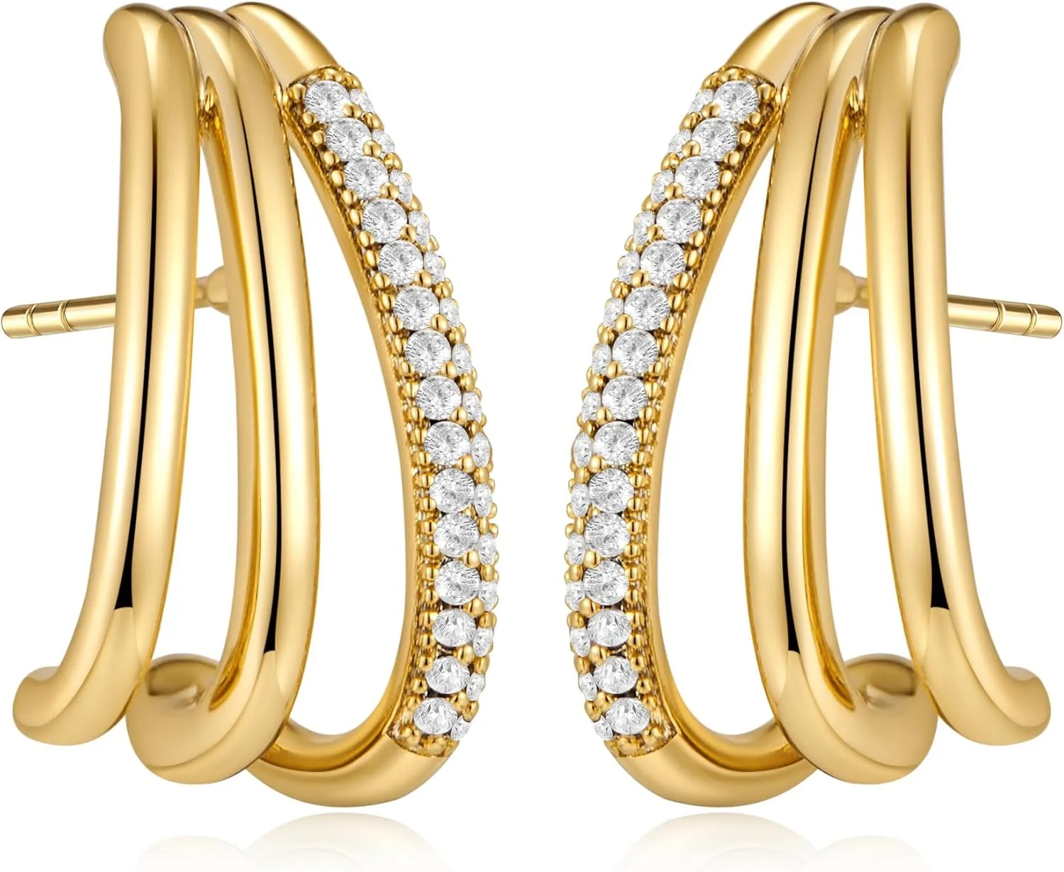 LUCA SMITH Double Triple Hoop Earrings 14K Gold Plated CZ Illusion Split Hoop Earrings for ONE HOLE with S925 Sterling Silver Post