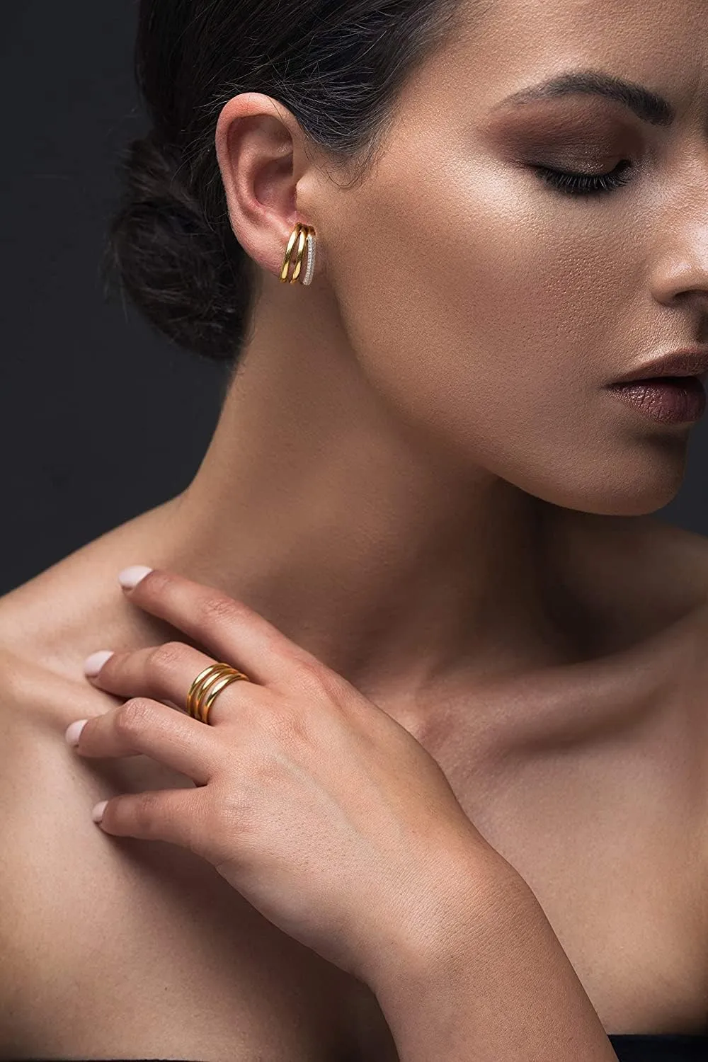 LUCA SMITH Double Triple Hoop Earrings 14K Gold Plated CZ Illusion Split Hoop Earrings for ONE HOLE with S925 Sterling Silver Post