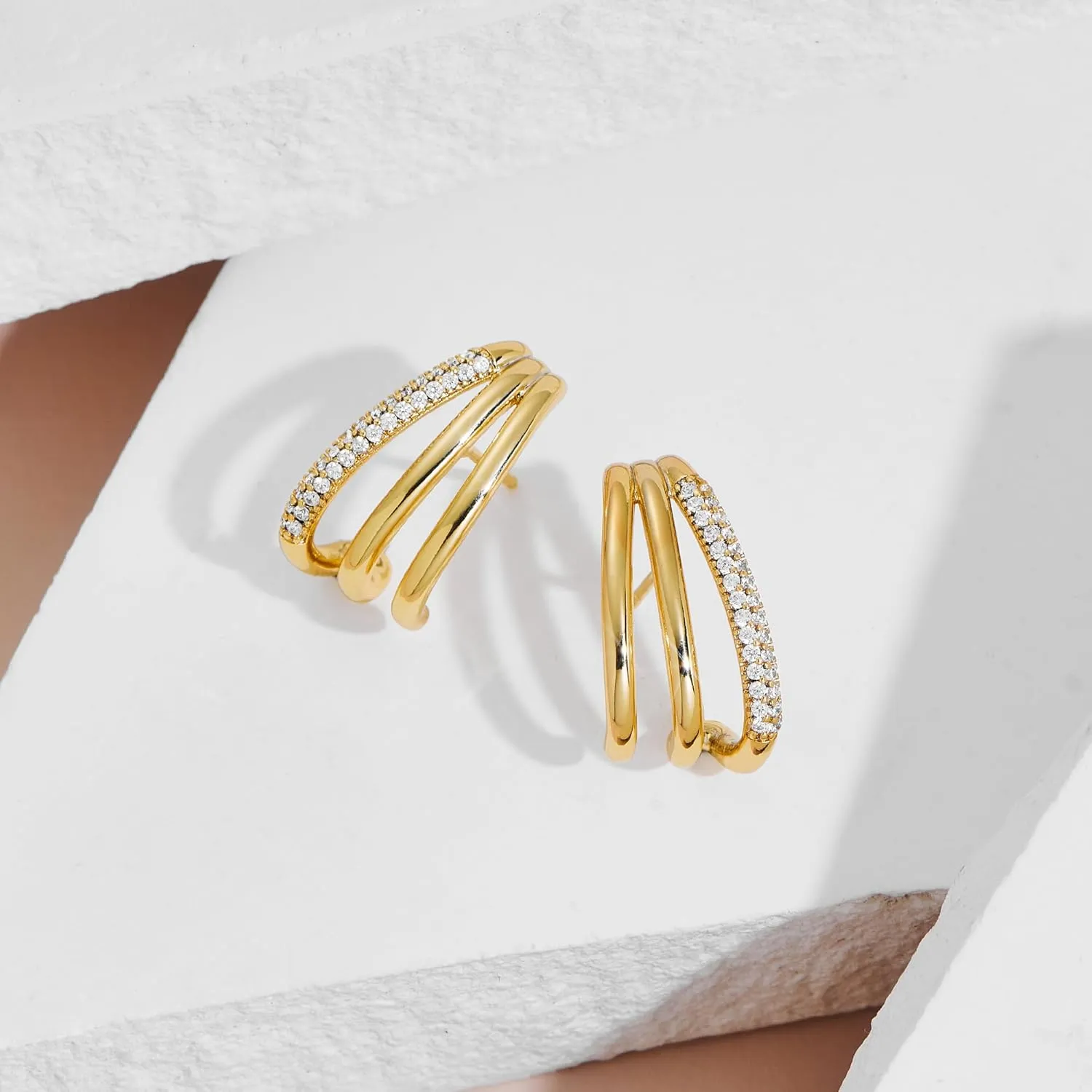 LUCA SMITH Double Triple Hoop Earrings 14K Gold Plated CZ Illusion Split Hoop Earrings for ONE HOLE with S925 Sterling Silver Post