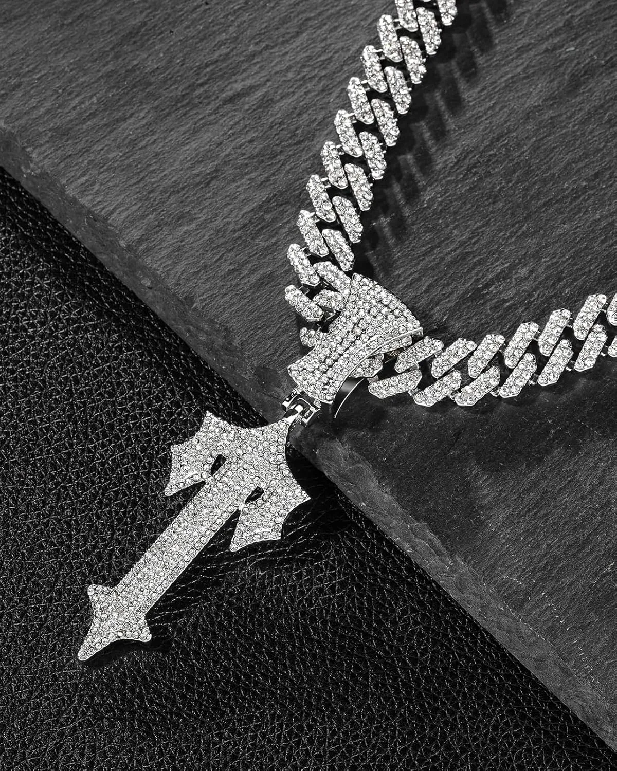 LuxeFlex Hip Hop Cross Sword Necklaces with 12MM 20" Miami Cuban Link Chain, Iced Out Diamond Initial T Pendant Necklace, Alphabet Letter Pendant Choker, Trendy Rapper Jewelry for Men Women