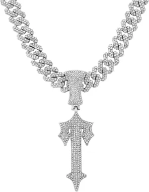 LuxeFlex Hip Hop Cross Sword Necklaces with 12MM 20" Miami Cuban Link Chain, Iced Out Diamond Initial T Pendant Necklace, Alphabet Letter Pendant Choker, Trendy Rapper Jewelry for Men Women