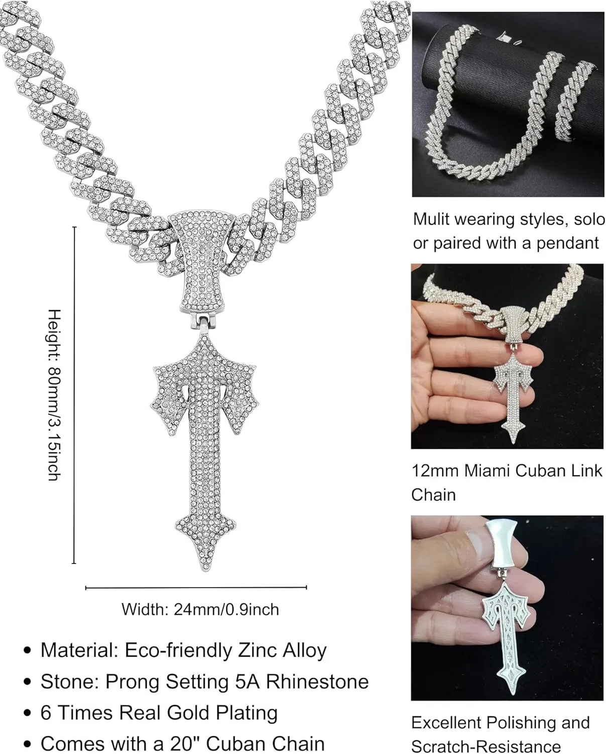 LuxeFlex Hip Hop Cross Sword Necklaces with 12MM 20" Miami Cuban Link Chain, Iced Out Diamond Initial T Pendant Necklace, Alphabet Letter Pendant Choker, Trendy Rapper Jewelry for Men Women