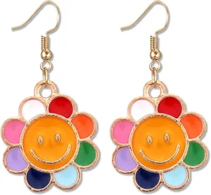 MALOYANVE Cartoon Flower Rainbow Stud Earrings for Women Gold Plated Colorful Smile Face Sunflower Studs Daisy Flower Dangle Drop Earring Jewelry