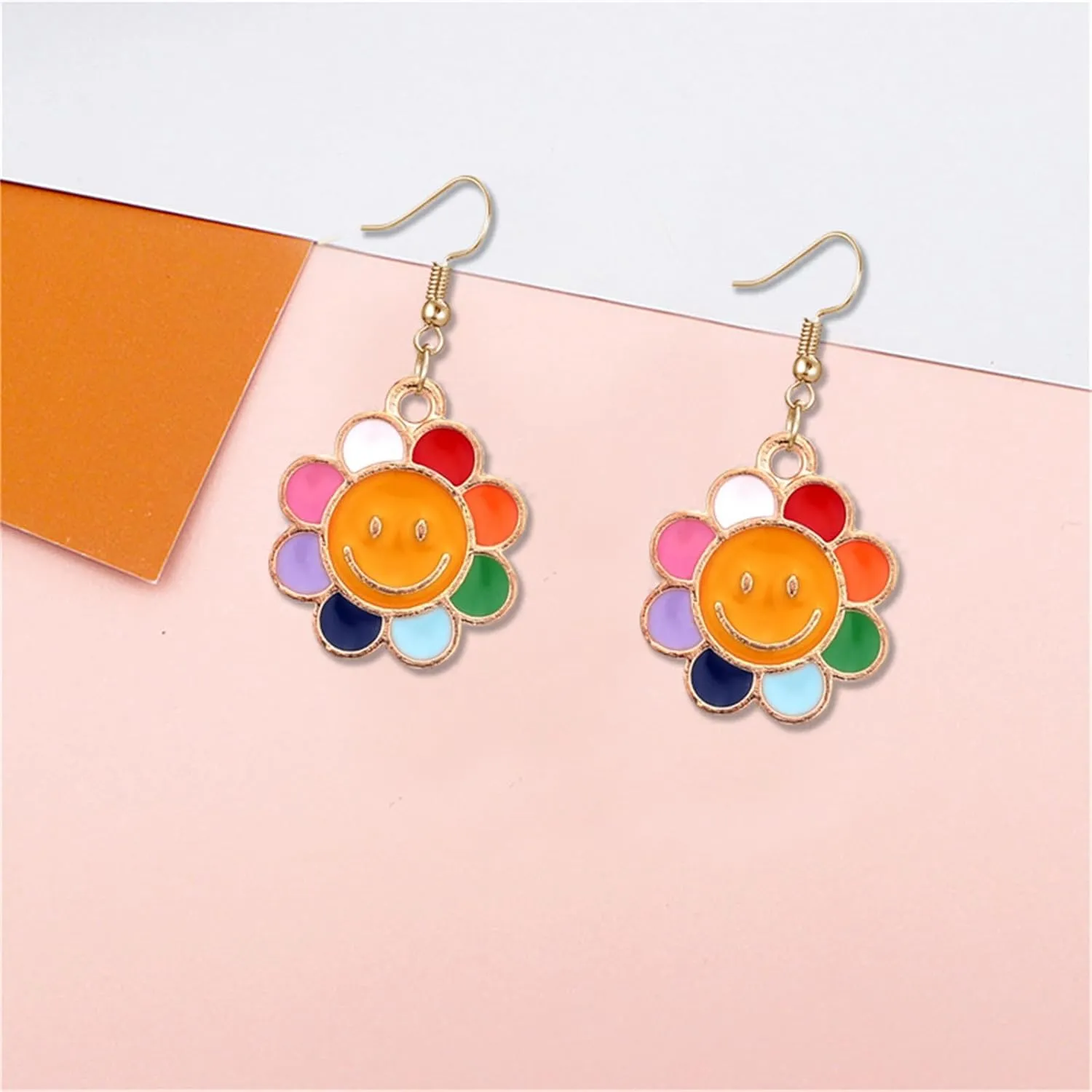 MALOYANVE Cartoon Flower Rainbow Stud Earrings for Women Gold Plated Colorful Smile Face Sunflower Studs Daisy Flower Dangle Drop Earring Jewelry