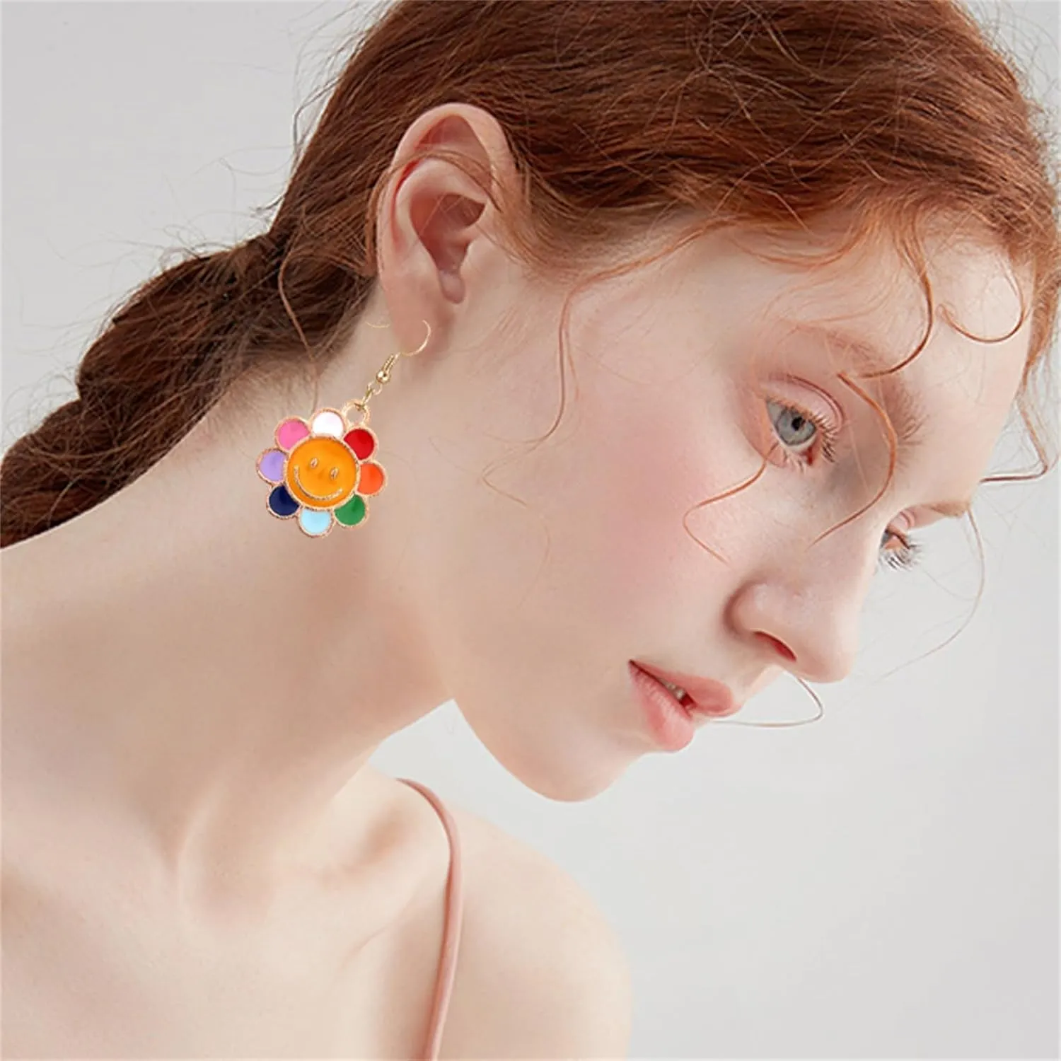 MALOYANVE Cartoon Flower Rainbow Stud Earrings for Women Gold Plated Colorful Smile Face Sunflower Studs Daisy Flower Dangle Drop Earring Jewelry