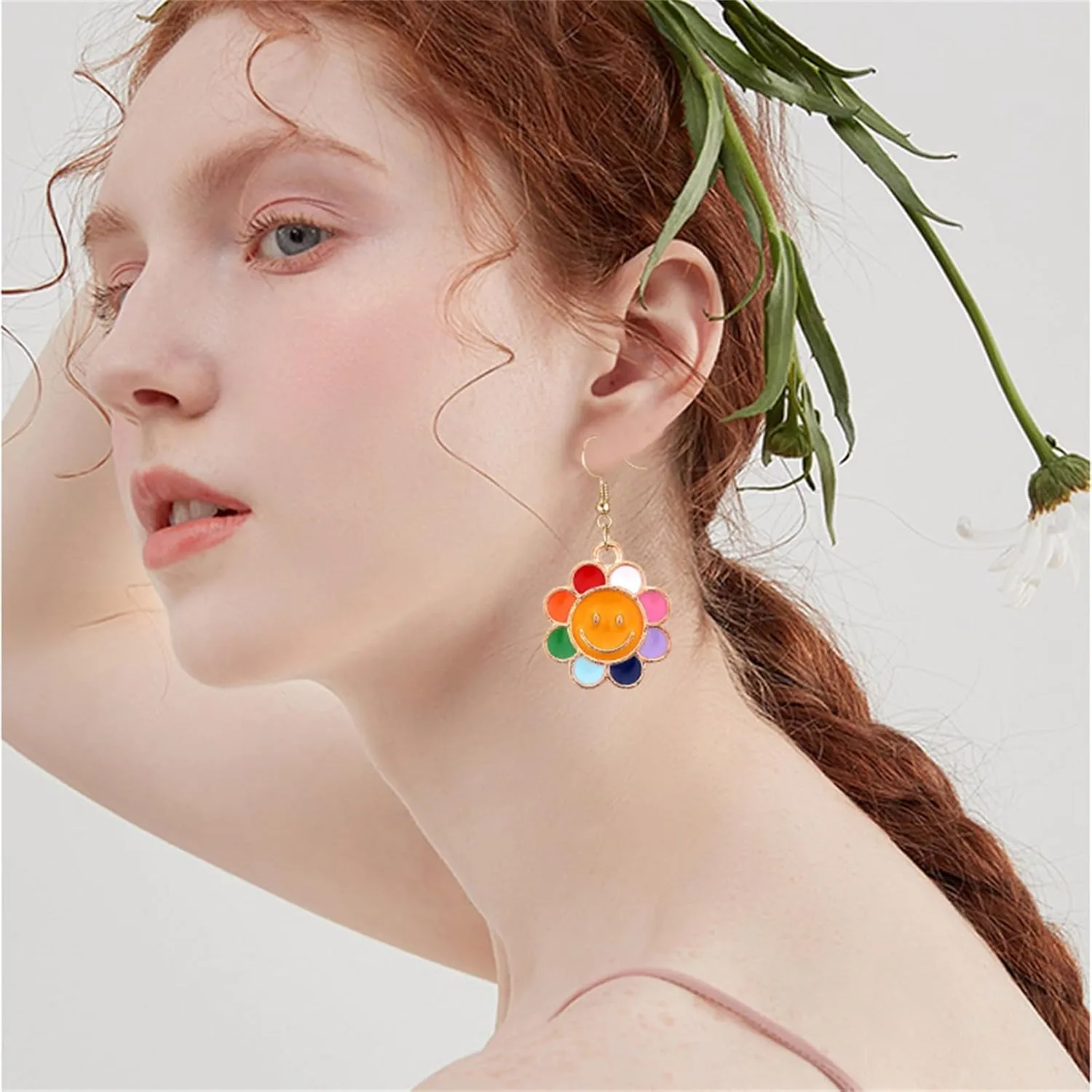 MALOYANVE Cartoon Flower Rainbow Stud Earrings for Women Gold Plated Colorful Smile Face Sunflower Studs Daisy Flower Dangle Drop Earring Jewelry