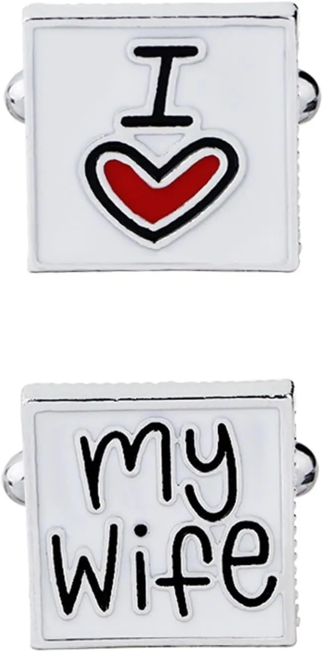Man Cufflinks, Tuxedo Cufflinks for Men I Love My Wife Square Silver Red White Alloy