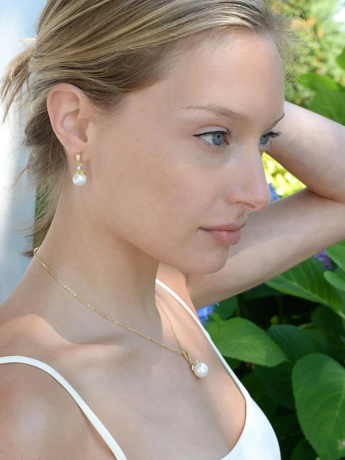 Mariell Pearl Drop Bridal Necklace Earrings Set with CZ Crystals for Bride, Bridesmaid, Birthday Gift
