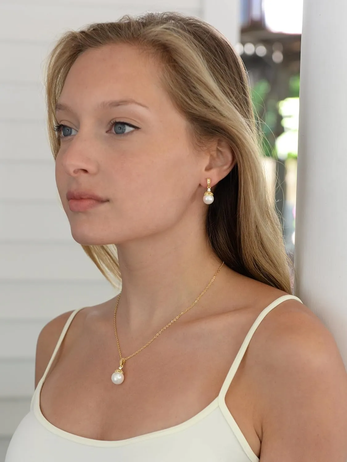 Mariell Pearl Drop Bridal Necklace Earrings Set with CZ Crystals for Bride, Bridesmaid, Birthday Gift