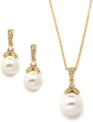 Mariell Pearl Drop Bridal Necklace Earrings Set with CZ Crystals for Bride, Bridesmaid, Birthday Gift