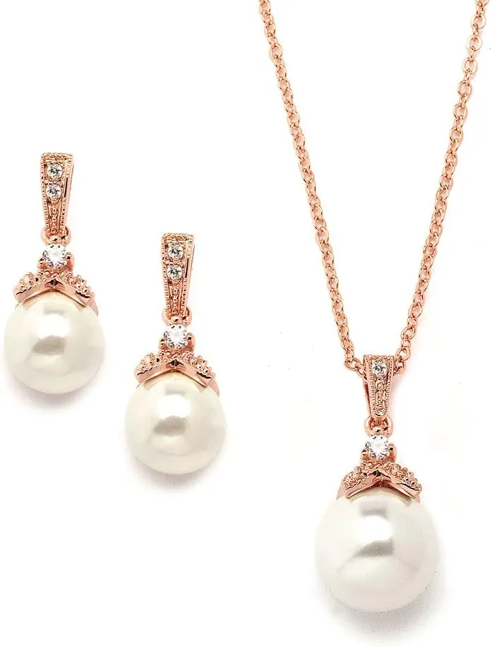 Mariell Pearl Drop Bridal Necklace Earrings Set with CZ Crystals for Bride, Bridesmaid, Birthday Gift