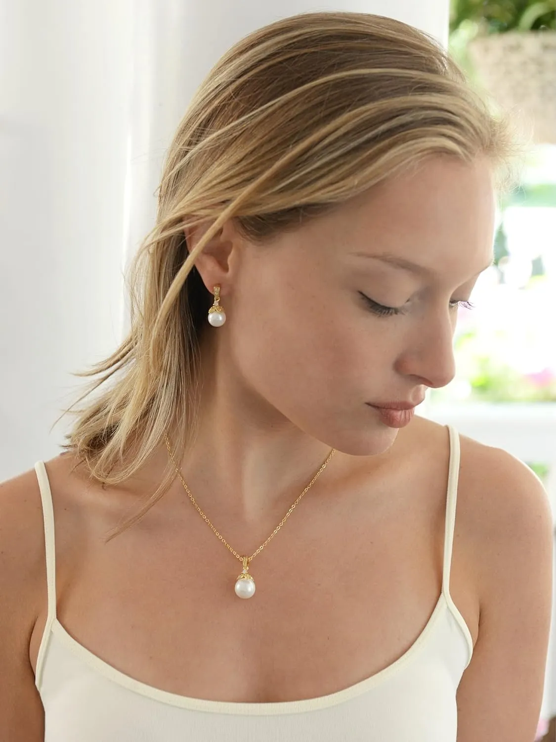 Mariell Pearl Drop Bridal Necklace Earrings Set with CZ Crystals for Bride, Bridesmaid, Birthday Gift