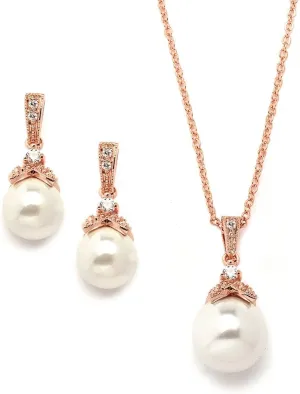 Mariell Pearl Drop Bridal Necklace Earrings Set with CZ Crystals for Bride, Bridesmaid, Birthday Gift