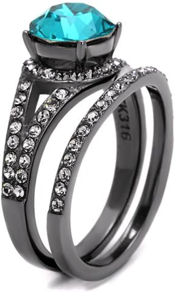 Marimor Jewelry 2.39 Carat Blue Zircon Crystal Gray Stainless Steel Wedding Ring Set Womens Size 5-10