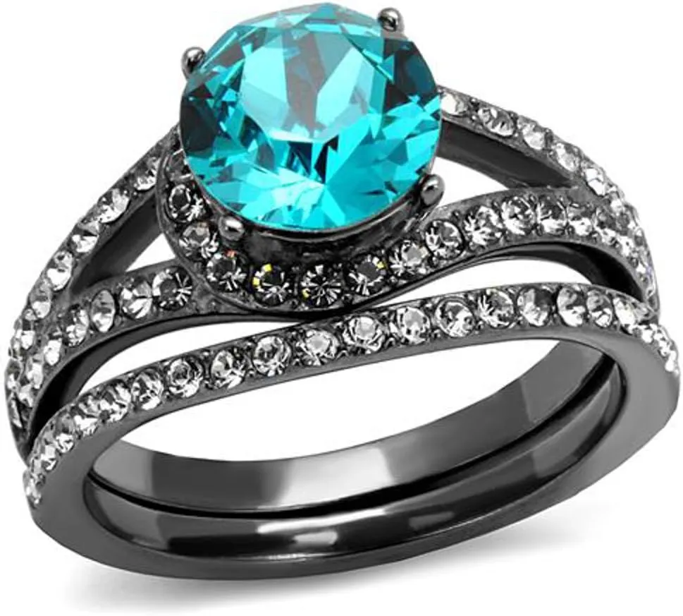 Marimor Jewelry 2.39 Carat Blue Zircon Crystal Gray Stainless Steel Wedding Ring Set Womens Size 5-10