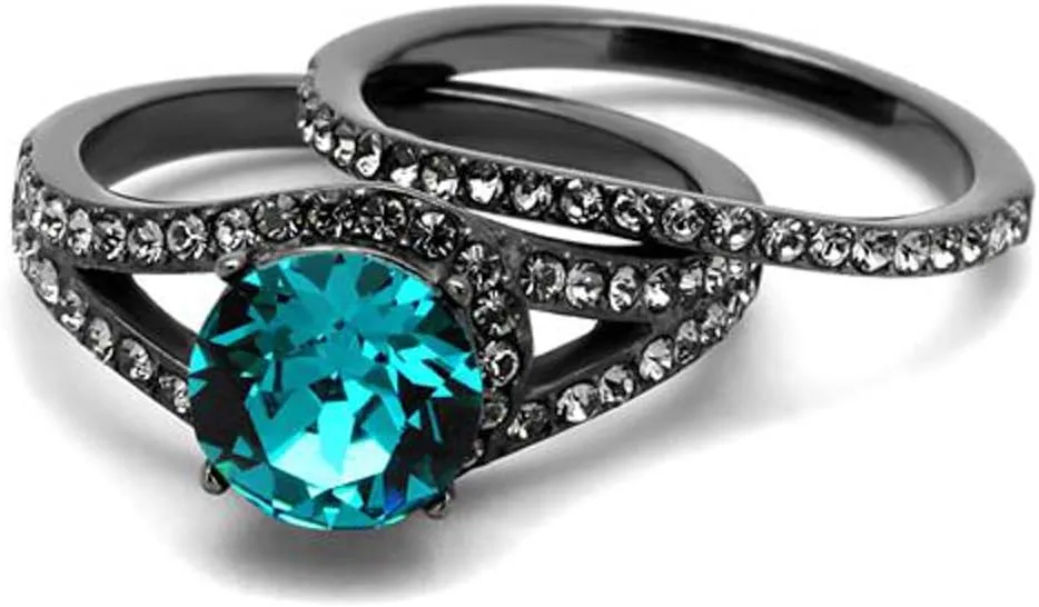 Marimor Jewelry 2.39 Carat Blue Zircon Crystal Gray Stainless Steel Wedding Ring Set Womens Size 5-10