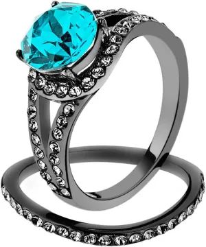 Marimor Jewelry 2.39 Carat Blue Zircon Crystal Gray Stainless Steel Wedding Ring Set Womens Size 5-10