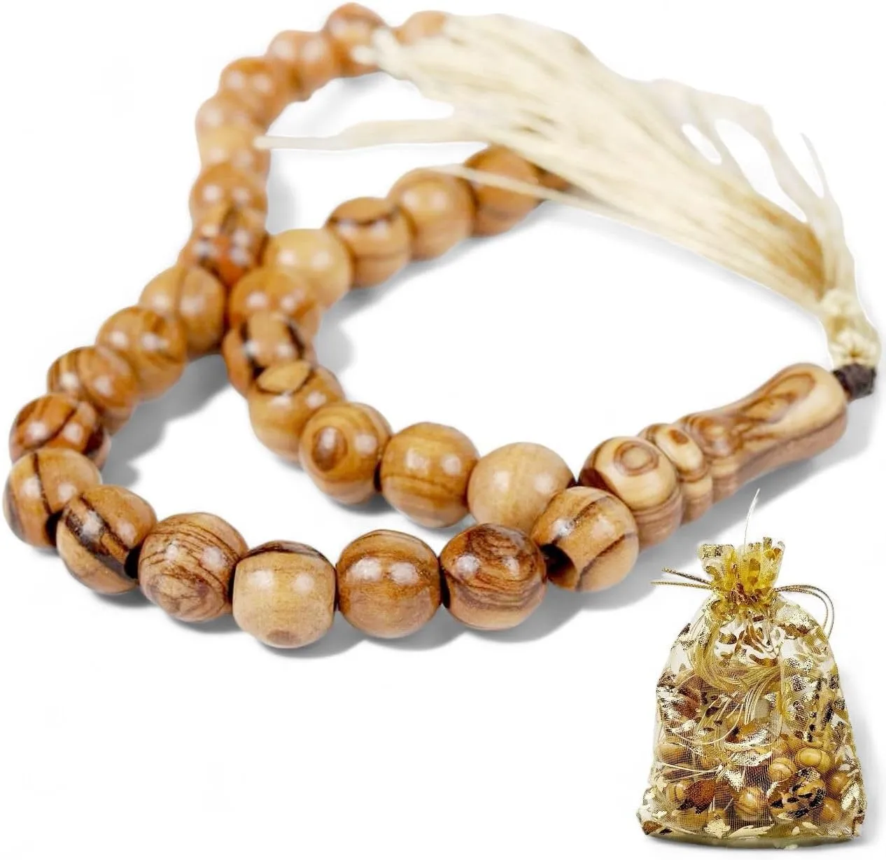 Masbaha 33 Beads Olive Wood from Jerusalem Islamic Prayer Beads Tasbeeh Muslim Rosary Quran Misbaha Tespih Dhikr Beads Sibha tasbih Beads Muslim Worry Beads Islamic Beads Islamic Gifts