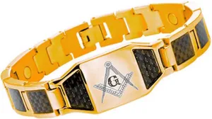Masonic Bracelets - Gold Plated Steel w/Black Carbon Fiber Freemason Link Bracelet with Classic Masonic Symbol - Masonic Jewelry