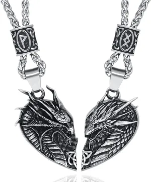 Matching Dragon Necklace Couples Viking Heart Necklace Jewelry for Men Women with Rune Beads