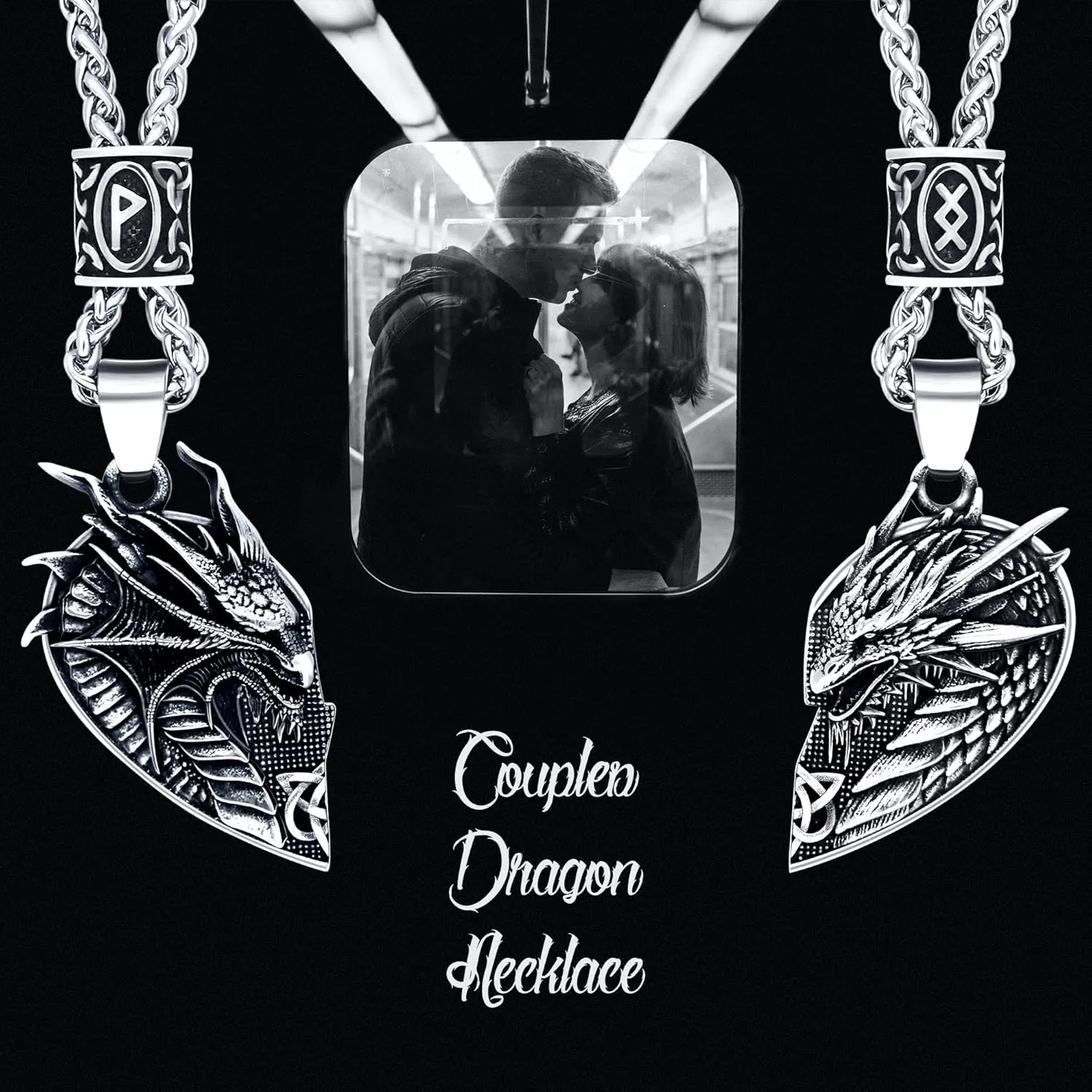 Matching Dragon Necklace Couples Viking Heart Necklace Jewelry for Men Women with Rune Beads