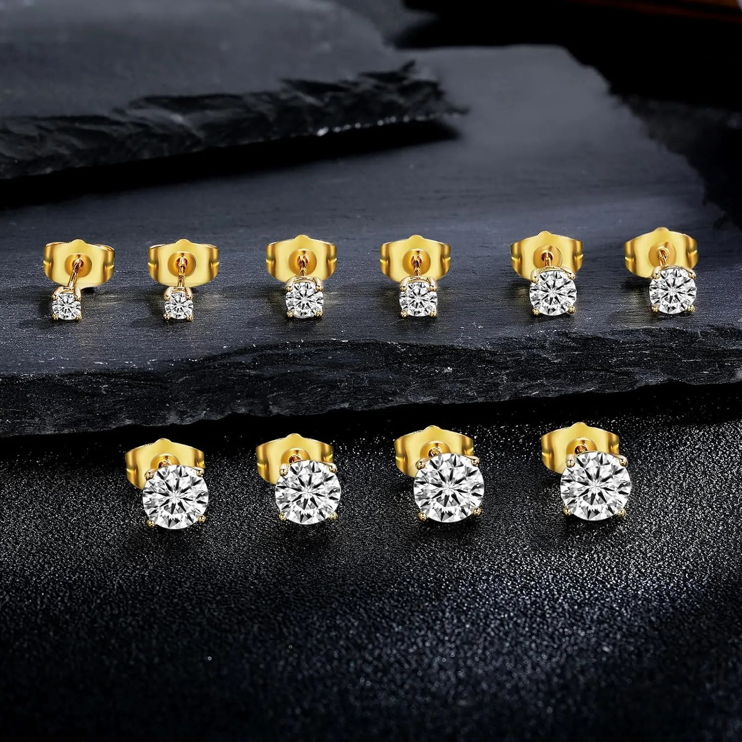 MDFUN 5 Pairs Stud Earrings Sets 3-7MM 18K Gold Plated Round/Cushion/Asscher/Emerald Cut Cubic Zirconia Earring Hypoallergenic Stud Earrings for Women Men