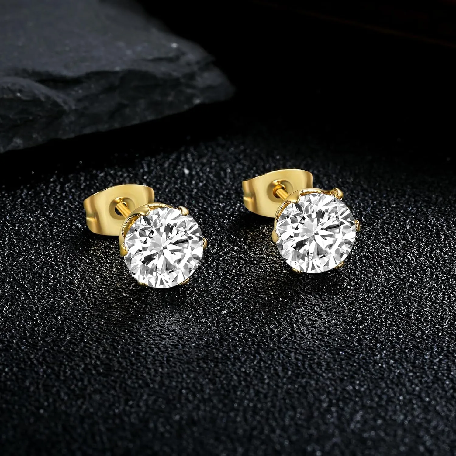 MDFUN 6 Pairs Stud Earrings Sets 3-8MM 18K Gold Plated Round 5A  Cubic Zirconia Earrings Hypoallergenic CZ 6 Prong Ears Jewelry for Women