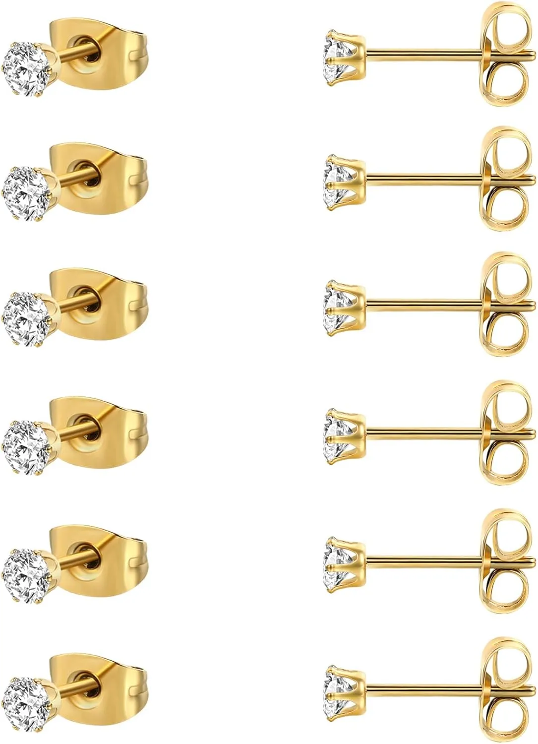 MDFUN 6 Pairs Stud Earrings Sets 3-8MM 18K Gold Plated Round 5A  Cubic Zirconia Earrings Hypoallergenic CZ 6 Prong Ears Jewelry for Women
